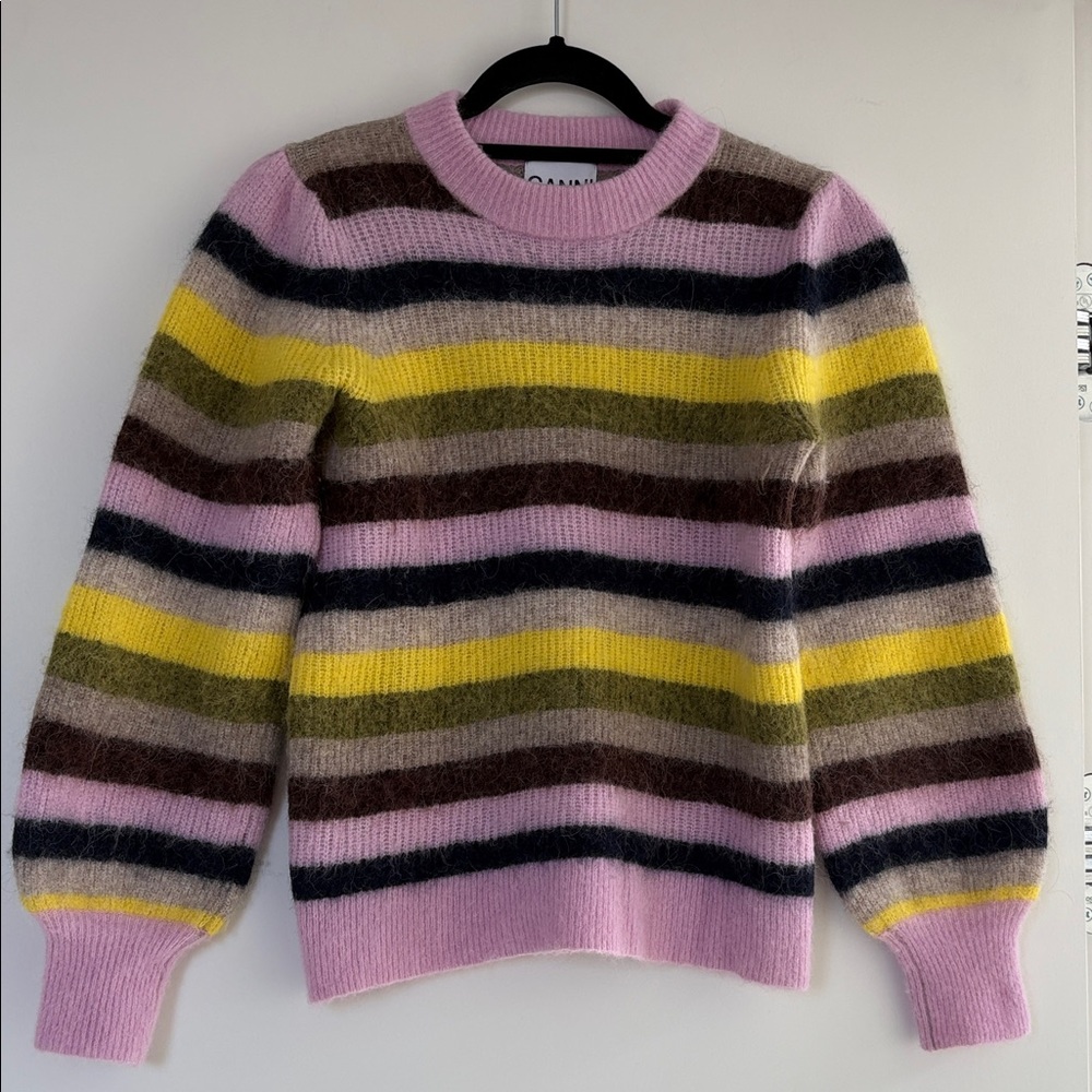 Ganni Alpaca Wool Blend Striped Sweater w Balloon Sleeve Sweater M EUC